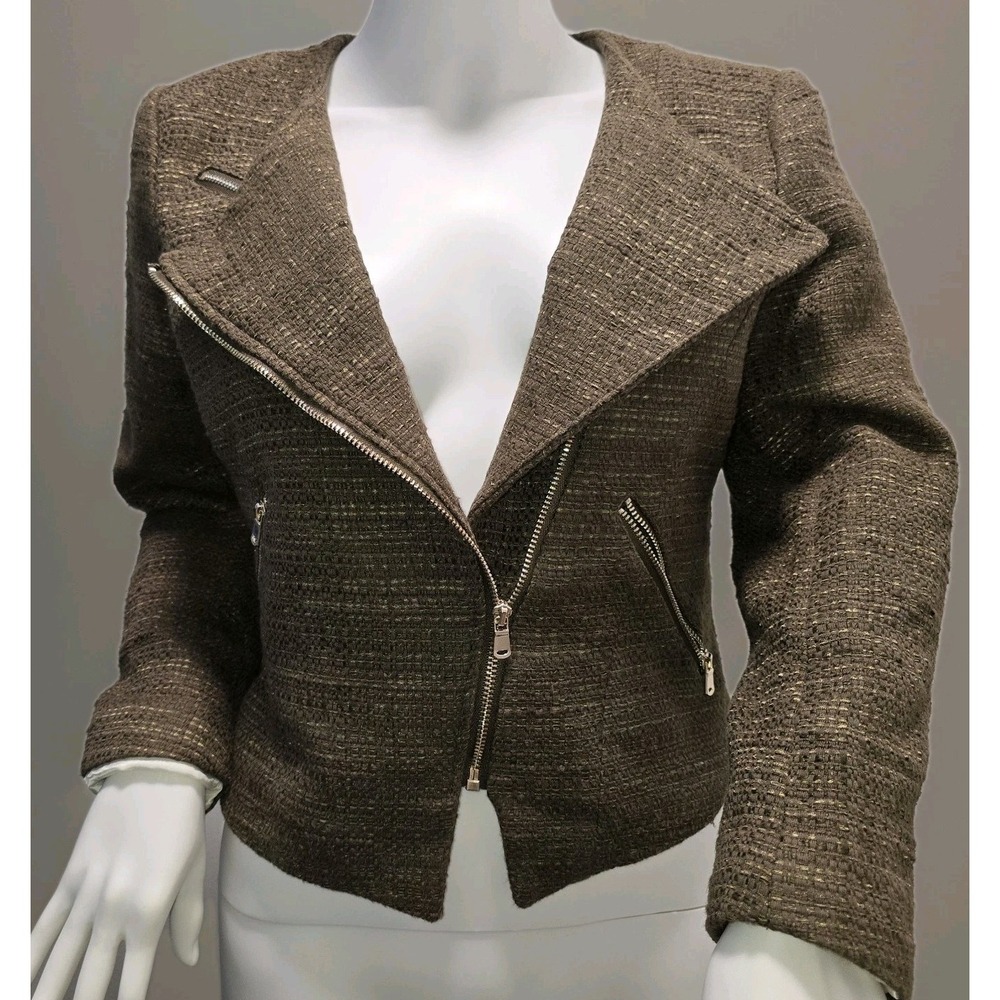 H&M Women's‎ Brown Tweed Asymmetrical Zip Jacket Size 10 EUR 40 Metallic Thread